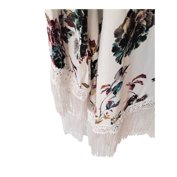 Jodifl Size L Vintage Floral Print Kimono Cream Lace Trim Fringe Boho Cover Up - Picture 6 of 8